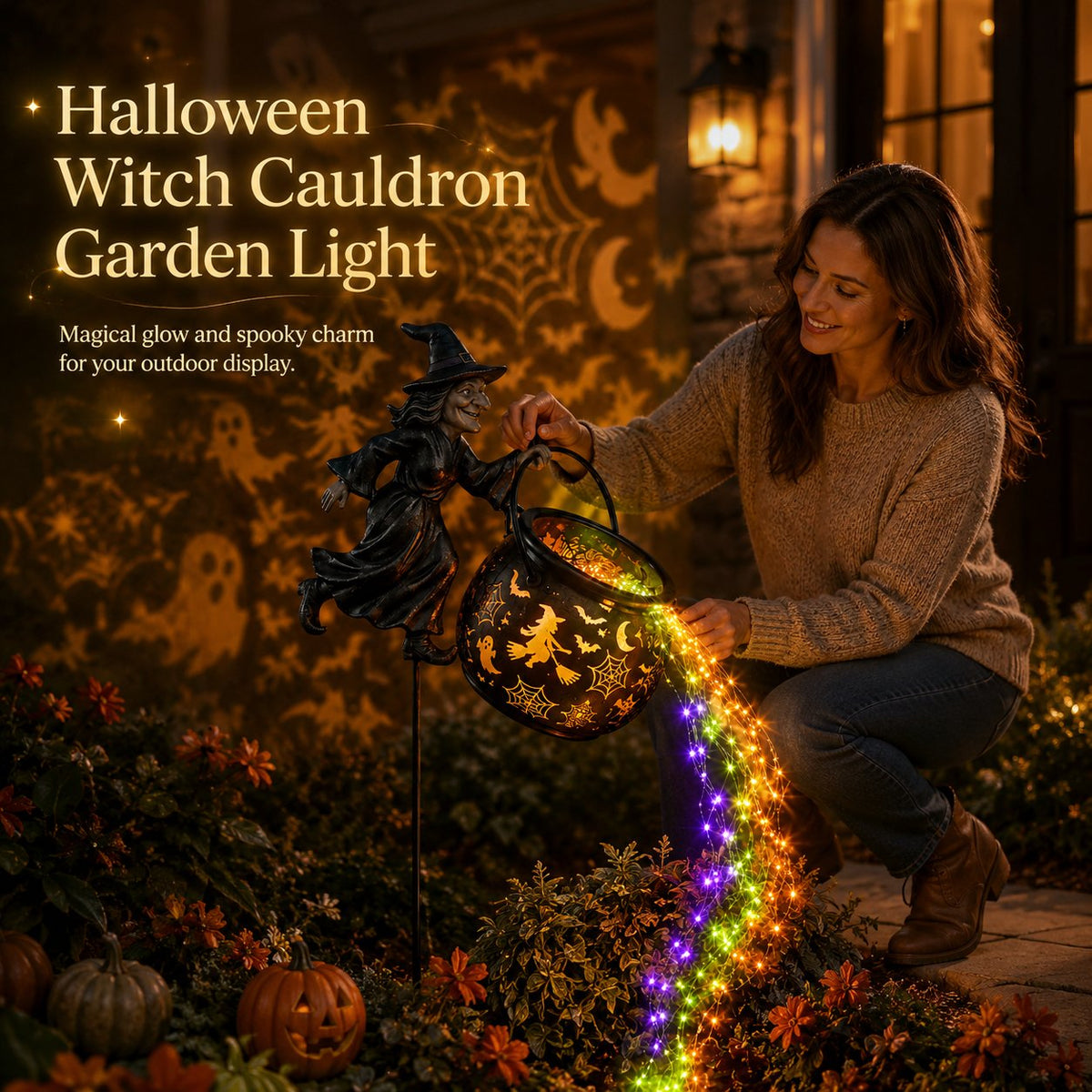 Halloween witch cauldron illuminated garden light
