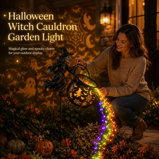 Halloween witch cauldron illuminated garden light